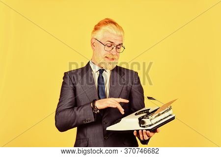 Professional Typist Make Notes Typing. Modern And Old Technology. Digital Business. Vintage Typewrit