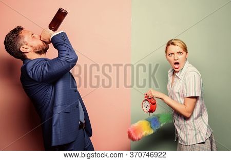 Wife Meet Alcoholic Guy. Drunk Man. Drunk Worker After Workday. Arguing. Family Conflict. Housewife 