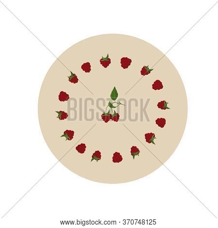 Pattern With Red Raspberries, Flowers And Green Leaves In The Shape Of A Circle On A Pink Background
