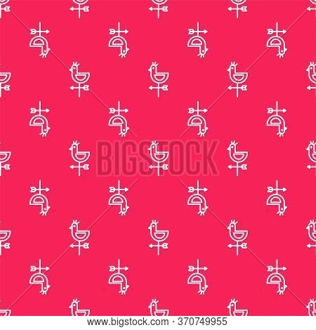 White Line Rooster Weather Vane Icon Isolated Seamless Pattern On Red Background. Weathercock Sign. 