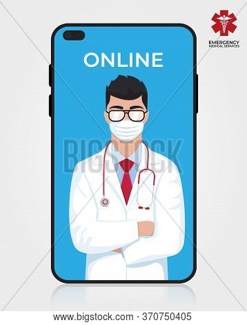 Octor On The Phone Screen. Medical Internet Consultation. Healthcare Consulting Web Service. Hospita