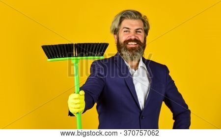 Bearded Man Cleaning With Mop. Janitor In Gloves. Husband Cleaning House. Housework And Domestic Dut