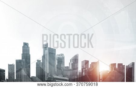 Global Cybersecurity Mixed Media With Virtual Locking Padlock On Cityscape Background. Data Cryptogr