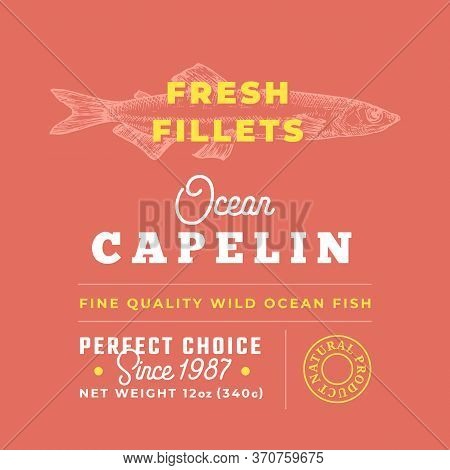 Fresh Fillets Premium Quality Label. Abstract Vector Fish Packaging Design Layout. Retro Typography 