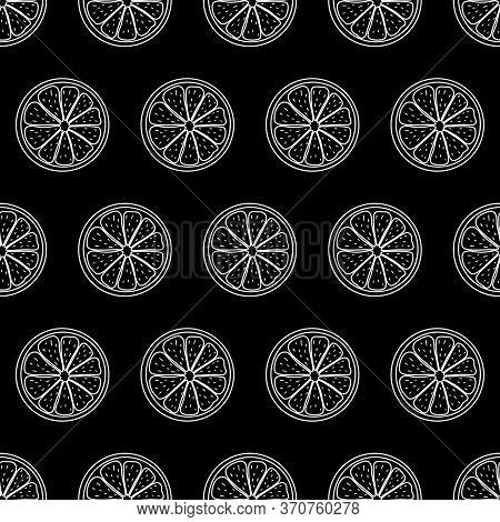 Seamless Pattern With Sliced Pieces Of Citrus Fruit. Black And White Stylish Simple Backdrop. Vector