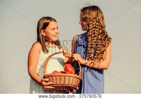 Eat Healthy. Summer Harvest Concept. Gmo Free. Eco Farming. Girls Happy Smiling Child Living Healthy