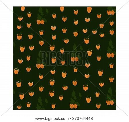Seamless Pattern With Yellow Raspberries, Green Leaves And Twigs Of The Plant. Berry Pattern