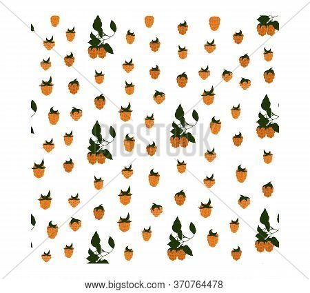 Seamless Pattern With Yellow Raspberries, Green Leaves And Twigs Of The Plant. Berry Pattern