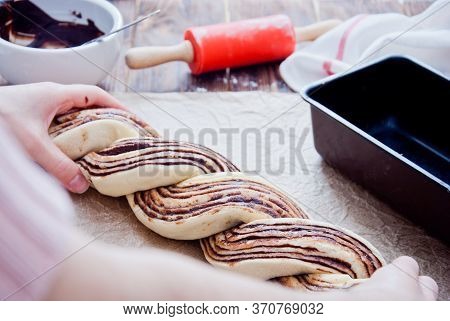 Making Swirl Brioche With Chocolate, Traditional Polish Sweet Christmas Bread