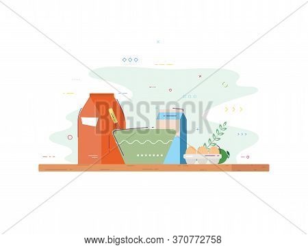 Wooden Table With Cooking Ingredients For Pancakes Or Cake, Or Other Bakkery. Flour, Milk And Eggs O