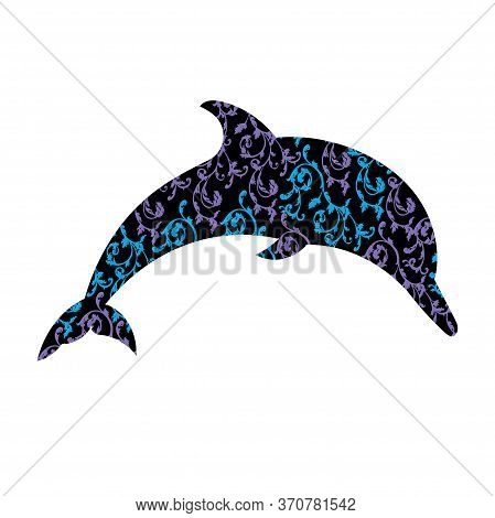 Dolphin With Ornaments. Dolphin Vector. Black Silhouette Of The Dolphin Is Decorated With Colored Or