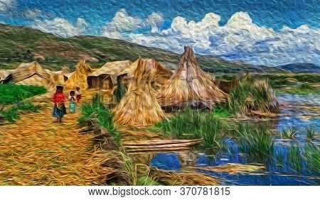 Indigenous People At The Uros Village With Huts And Alleys On Floating Islands Made Of Totora Reeds 