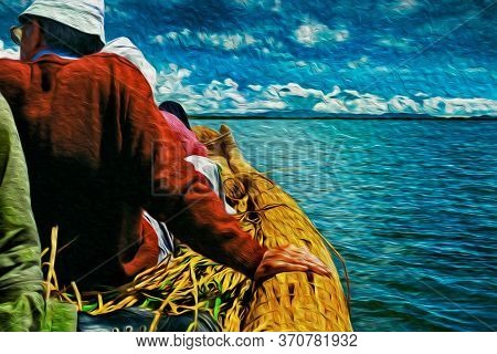 Tourists Taking A Ride On A Typical Boat Made Of Totora Reeds In The Lake Titicaca. A Large And Deep