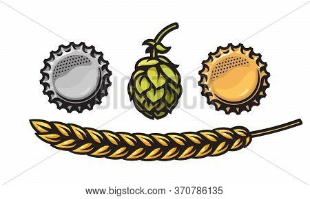 Two Beer Bottle Caps Silver And Gold, Hop Cone And Barley Or Wheat Ear. Design Element For Beer Prod