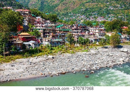 Beas River Near Kullu Town Aerial Panoramic Landscape, Kullu Valley In Himachal Pradesh State In Ind