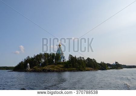 Nikolsky Skit On Valaam Island As Seen From Ladoga Lake, Horizontal Photo. Pilgrimage And Vacation C