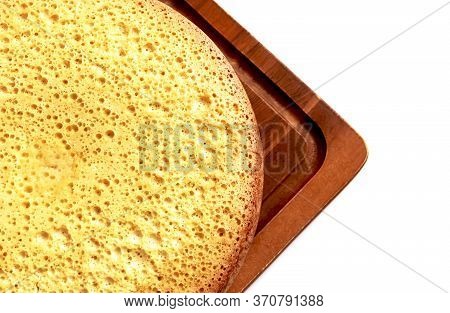 Homemade Wheat Cliced Bread On Wooden Cutting Board On White Background. Bake Pies At Home