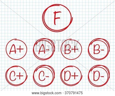 Hand Drawn Vector Red Grades With Circles, Pluses And Minuses On A Sheet In A Cage. Vector
