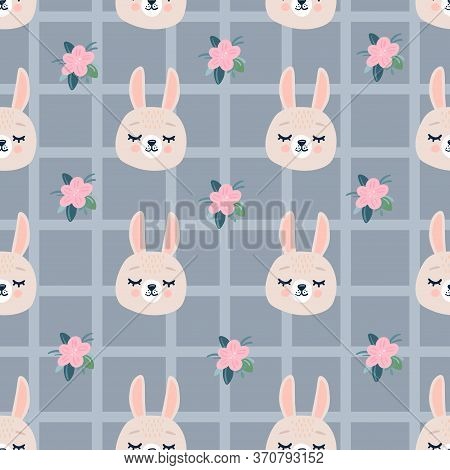 Seamless Pattern With Rabbit Head Face With Closed Eyes And Flowers. Cute Cartoon Funny Character On