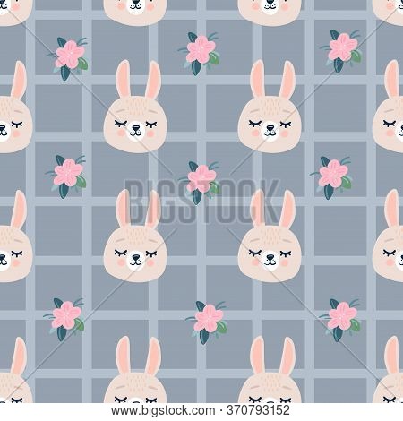 Seamless Pattern With Rabbit Head Face With Closed Eyes And Flowers. Cute Cartoon Funny Character On