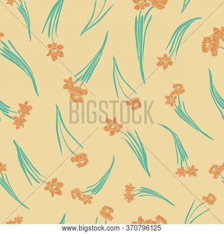 Orange Daffodils Seamless Pattern Print Background. Surface Pattern Design. Great For Fabric, Weddin