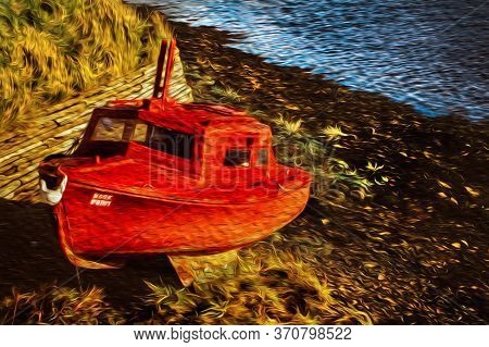 Red Small Boat Beached On A Rocky Beach At Sunset On Seashore Of Scotland. Oil Paint Filter.