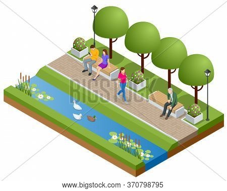 Isometric Eople Relaxing And Walking In The Park Near The Lake. Active And Healthy Relaxation.