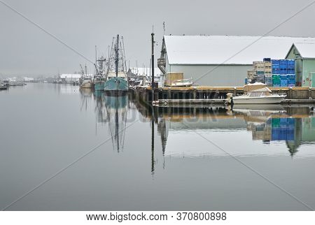 Steveston Docks Snowstorm. Snowfall Over The Harbor Of Steveston, British Columbia, Canada Near Vanc