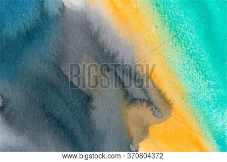 Turquoise, Orange And Blue Hand Drawn Vector Watercolour Painting. Modern Indigo Blending Illustrati