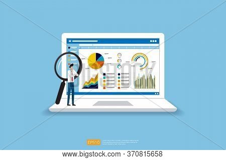 Businessman Analysis Web Statistics Charts On Computer Screen. Flat Vector Infographic Analytic Tren