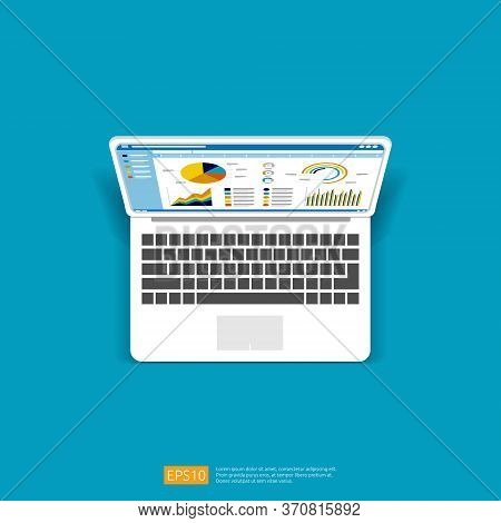 Web Statistics Analytic Charts On Laptop Screen Icon. Flat Vector Infographic Trend Graphs Informati
