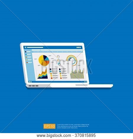 Web Statistics Analytic Charts On Laptop Screen Icon. Flat Vector Infographic Trend Graphs Informati