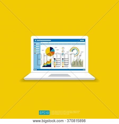 Web Statistics Analytic Charts On Laptop Screen Icon. Flat Vector Infographic Trend Graphs Informati