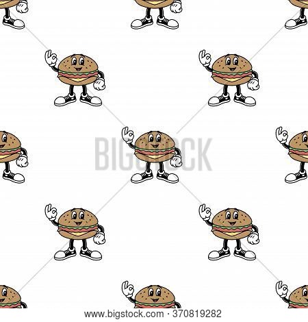 Cartoon Burger With Ok Sign Seamless Pattern Color Background