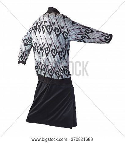 Female Long Black Skirt And Knitte Turquoise Black Sweater Isolated On White Background.comfortable 