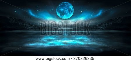 Modern Futuristic Fantasy Night Landscape With Abstract Islands And Night Sky With Space Galaxies. M
