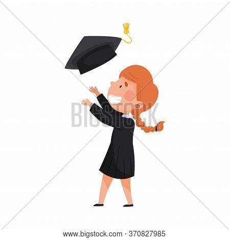 Girl Character In Academic Gown And Square Cap Cheering About Graduation Ceremony Vector Illustratio