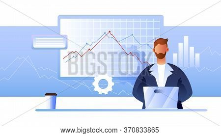 Finance Business Concept With Successful Male Character In Suit, Laptop, Cup, Diagrams And Gears. St