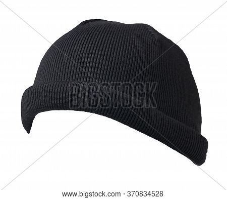 Docker Knitted Black Hat Isolated On White Background. Fashionable Rapper Hat. Hat Fisherman