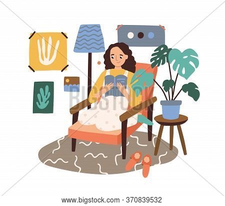 Happy Woman Reading Book Sitting In Comfy Armchair Vector Flat Illustration. Smiling Domestic Female