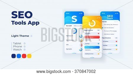 Seo For Marketing Cartoon Smartphone Interface Vector Templates Set. Mobile App Screen Page Day Mode