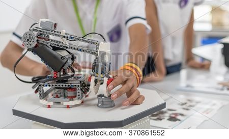 Robotic Lab Class With School Students Blur Background In Ai Learning Or Group Study Workshop In Sci