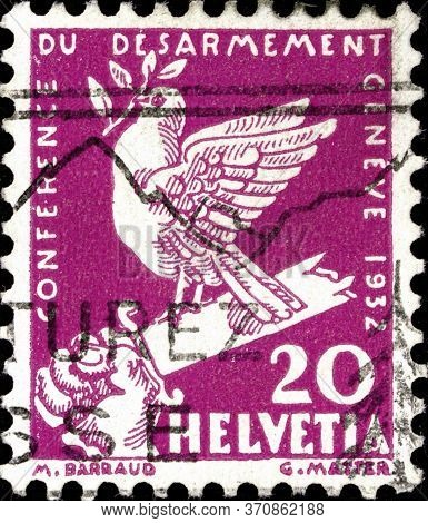 02 09 2020 Divnoe Stavropol Territory Russia The Postage Stamp Switzerland 1932 World Disarmament Co