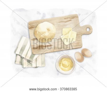 Watercolor Illustration About Baking - Wooden Cutting Board With Dough