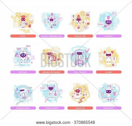 Good And Bad Bots Thin Line Concept Vector Illustrations Set. Partner, Optimization, Hacker Robots 2