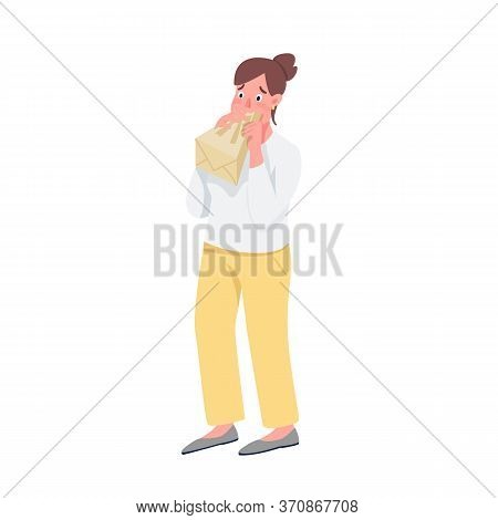 Woman Breathing In Bag Flat Color Vector Detailed Character. Girl With Panic Attack Isolated Cartoon
