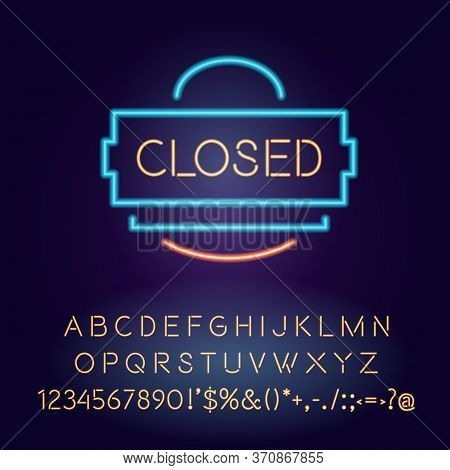 Closed Vector Neon Light Board Sign Illustration. Store, Retail Place Commercial Signboard Design Wi
