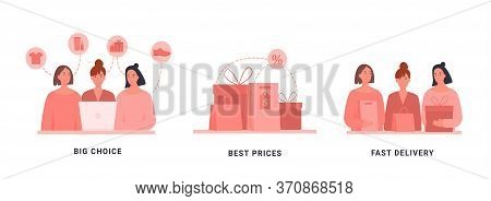 Concept For Online Retailing Business. B2c With Stages Of Online Shopping - Choice, Discount, Delive