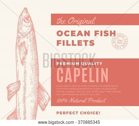Premium Quality Fish Fillets. Abstract Vector Fish Packaging Design Or Label. Modern Typography And 