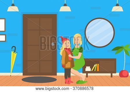 Mother Helping Her Daughter To Get Dressed, Loving Mom And Her Child In Everyday Life At Home Vector